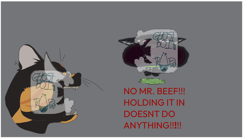 My cats Beanz, tortoiseshell, left, and Mr. Beef, black with a white tuft on his chest and a green collar, right. Beanz screams, "NO MR. BEEF HOLDING IT IN DOESN'T DO ANYTHING!" In reference to the meme.