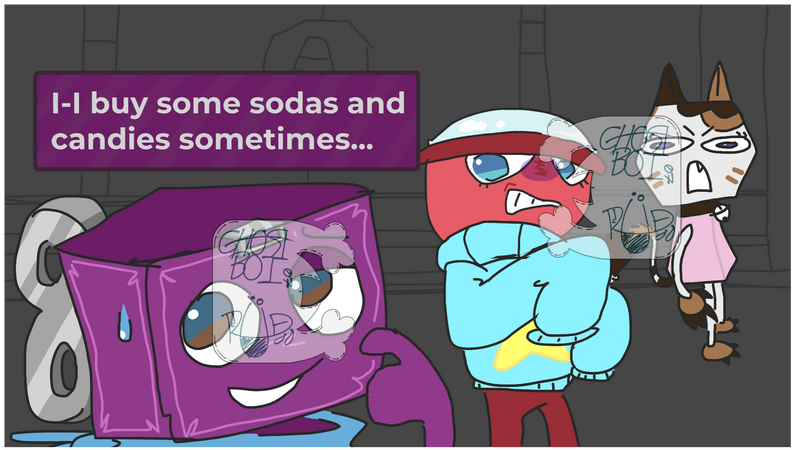 Boxten, Gigi, and Scraps from Roblox: Dandy's World standing in an elevator. Boxten says, "I-I buy some sodas and candies sometimes..." This was a reference made for my friend.