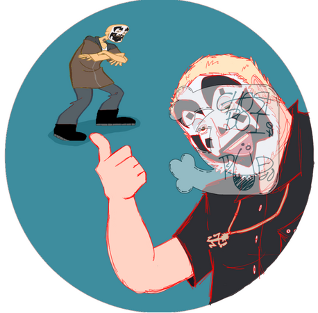 The members of the band Insane Clown Posse with Violent J. pointing with his thumb over his shoulder at Shaggy who is a re-color of Shaggy Rogers from Scooby-Doo.