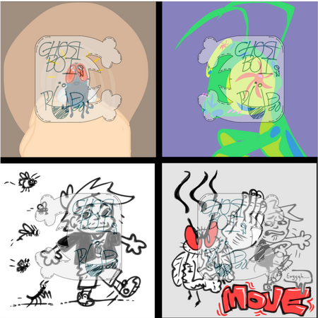 Four drawings of bugs I made all together. A cute version of a fly hanging out, a lineless praying mantis, several bugs following me as I walk, and a more accurate fly grossing me out.