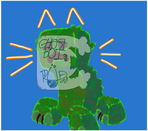 A green, fluffy, leafy textured creeper from Minecraft with tarantula-style paws and simplistic neon effect lines to look like cat ears and whiskers around they're head