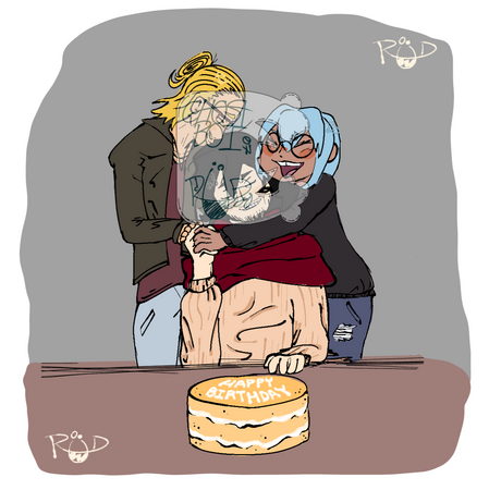 An oc x canon gift for an old friend of mine. Their character shipped with Aizawa and Present Mic from the anime My Hero Academia celebrating Aizawa's birthday.