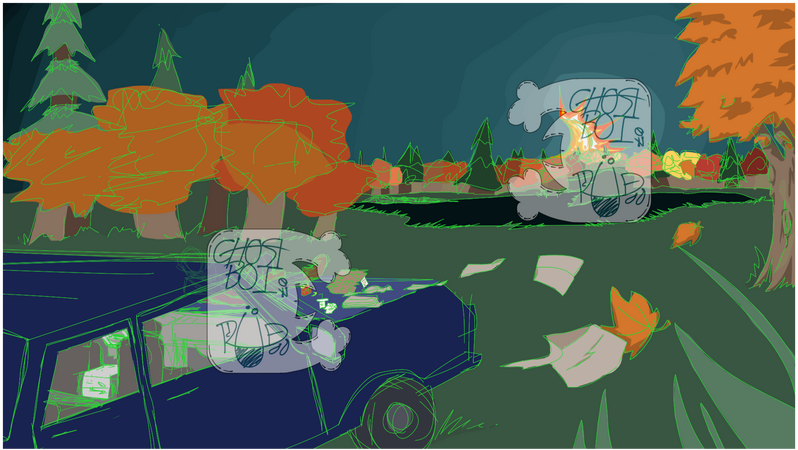 I made this when I was learning how to do quick sketches and shapes on my computer. A blue truck parked in some forest as an eclipse is seen on the horizon. Very sketchy, very fun.