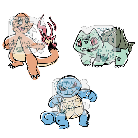 Some stylized Pokemon Kanto starters, Charmander, Bulbasaur, and Squirtle. Was trying a different style of shapes and shading. I never cleaned up the line-art, but is that really necessary?