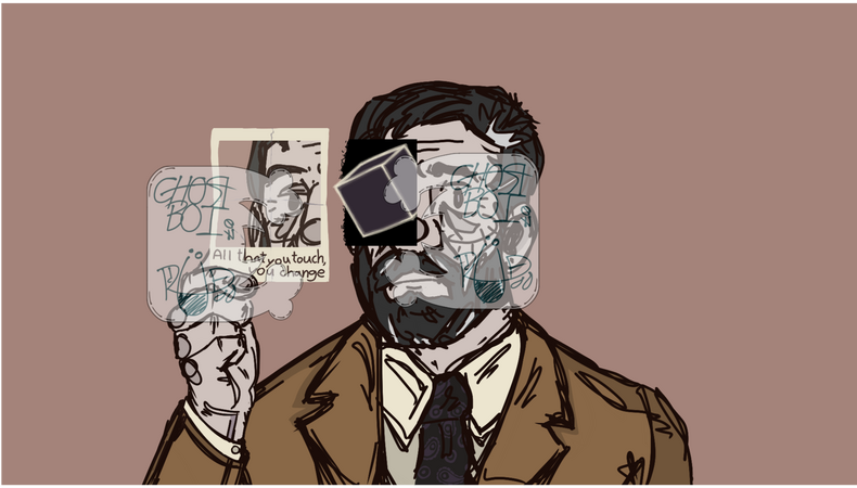 A sketchy fan-art I did of Dale Vandermeer from one of my favorite horror game series; Rusty Lake. The detective stand holding a polaroid while a cube floats in the space replacing the photo on his face. "All that you touch, you change."
