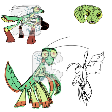 A few doodles of some stylized bugs. Including a couple praying mantis', a strange moth creature, and a suspicious swallowtail caterpillar who was made from memory.