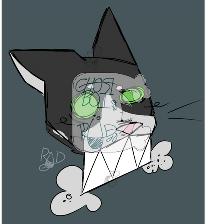 A quick profile picture I drew of a tuxedo cat with white inner-ears, a patch on his right-jawline, small eyebrow dots, and white muzzle with a pale pink nose. Green eyes scribbled on with foaming mess coming from the large sharp-toothed smile.
