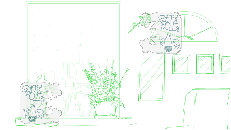 A very sketchy drawing of a scene inside a home with a cat on the window sill watching the city-line. I drew this as practice for larger scenes and clutter-study when I was relearning computer art.