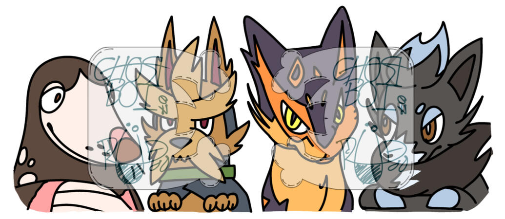 An older drawing of some of my pets as Pokemon. My jack russel, Jessie, as a shiny Drilbur. My yorkie, General, as a Herdier. My tortoiseshell cat, Beanz, as a Liepard. And finally, my pomeranian, Foxy, as a shiny Zorua. Features were added to look right.