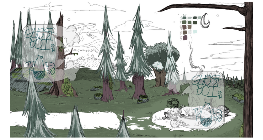 An unfinished partially-colored sketch that I'd made for a Pokemon D&amp;D background I was working on. A Grookey, Chimchar, and Grafaiai rest around a campfire in a dense, cold forested path on a cliff.