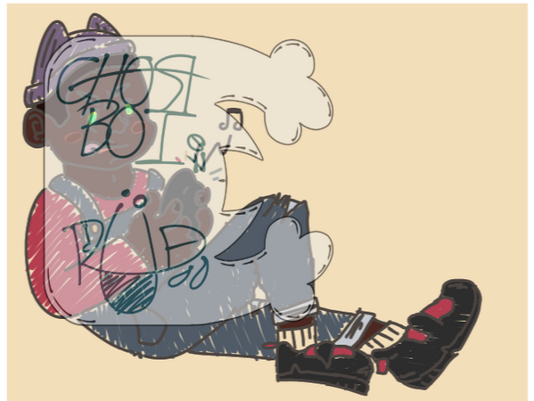 One of my comic characters, Kevin, playing with a Simon Says toy.