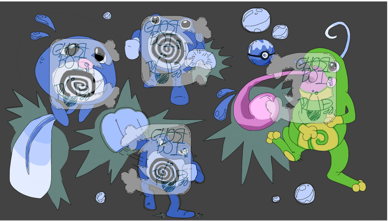 A quick doodle page I did of the Pokemon Poliwag, Poliwhirl, Poliwrath, and Politoad. The Pokeball shown is a Diveball, along with some bubbles and water droplets.